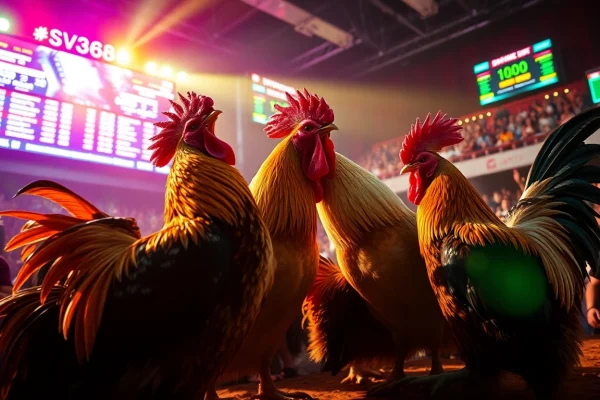 SV368 live cockfighting event featuring dynamic roosters and an excited crowd.