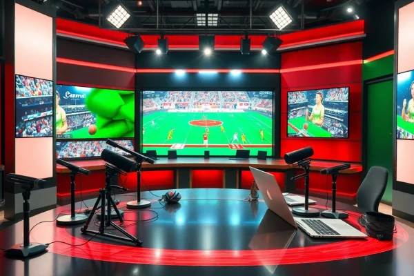 Engaging scene of sports broadcasting with dynamic anchors, showcasing the excitement of live sports.