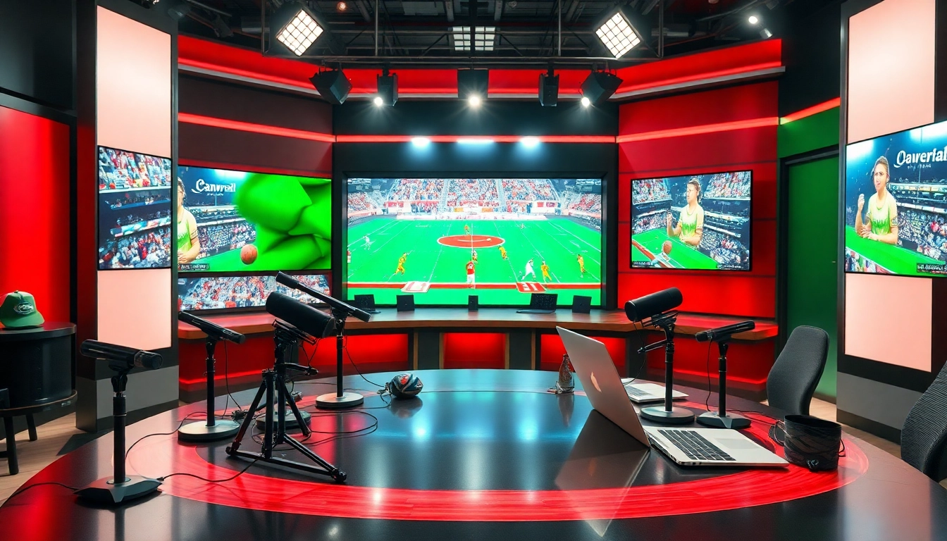 Engaging scene of sports broadcasting with dynamic anchors, showcasing the excitement of live sports.