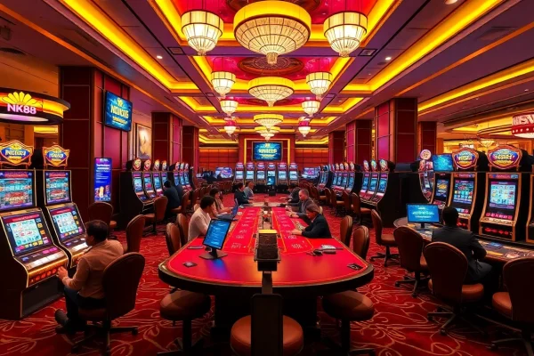 Engaging scene of nk88 casino with players at blackjack tables and online gaming interfaces.
