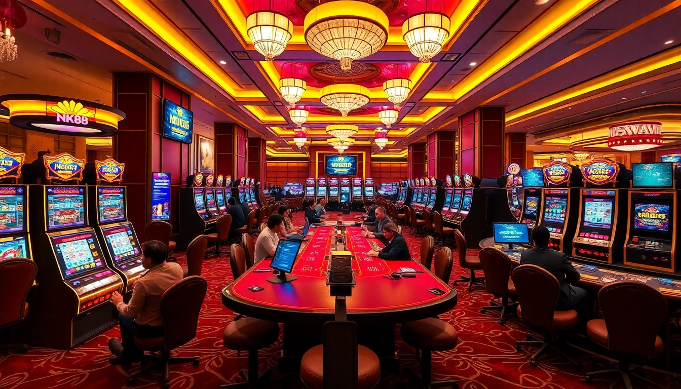 Engaging scene of nk88 casino with players at blackjack tables and online gaming interfaces.