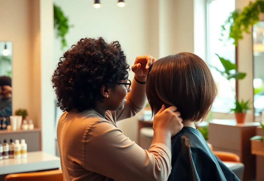 Addendum salon stylist providing personalized hair highlights and cut in a chic, eco-friendly environment.