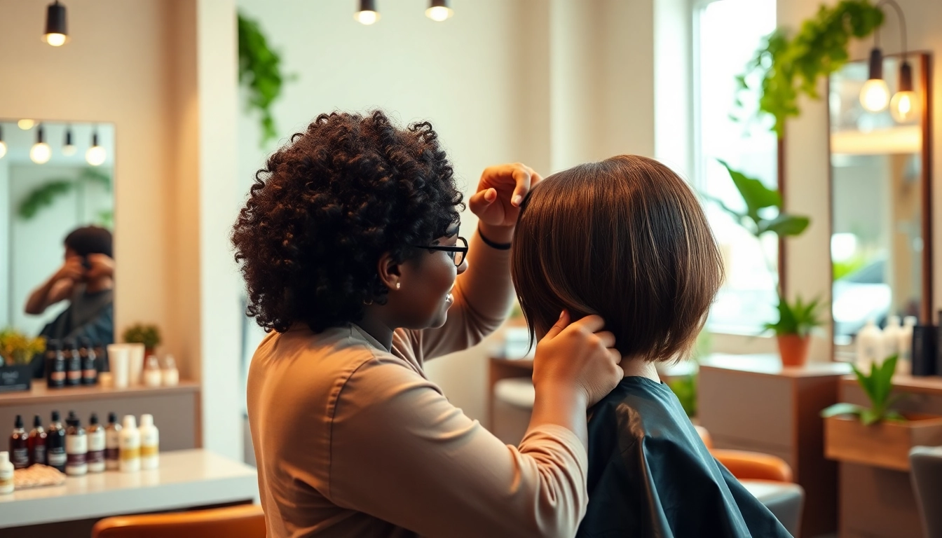 Addendum salon stylist providing personalized hair highlights and cut in a chic, eco-friendly environment.