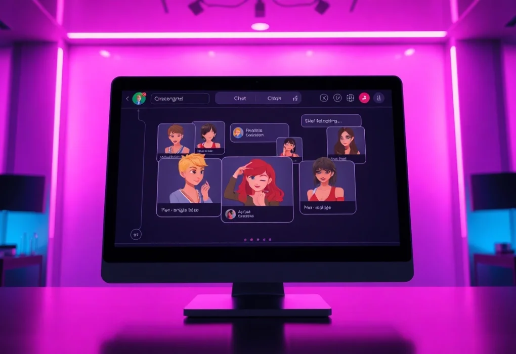 Engaging NSFW chat bot interface with diverse characters interacting playfully, creating an inviting atmosphere.