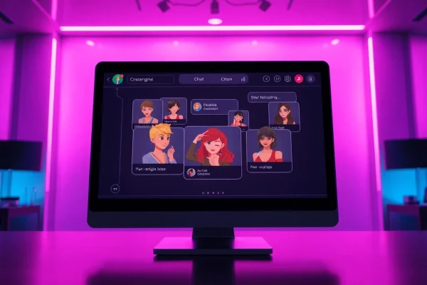 Engaging NSFW chat bot interface with diverse characters interacting playfully, creating an inviting atmosphere.