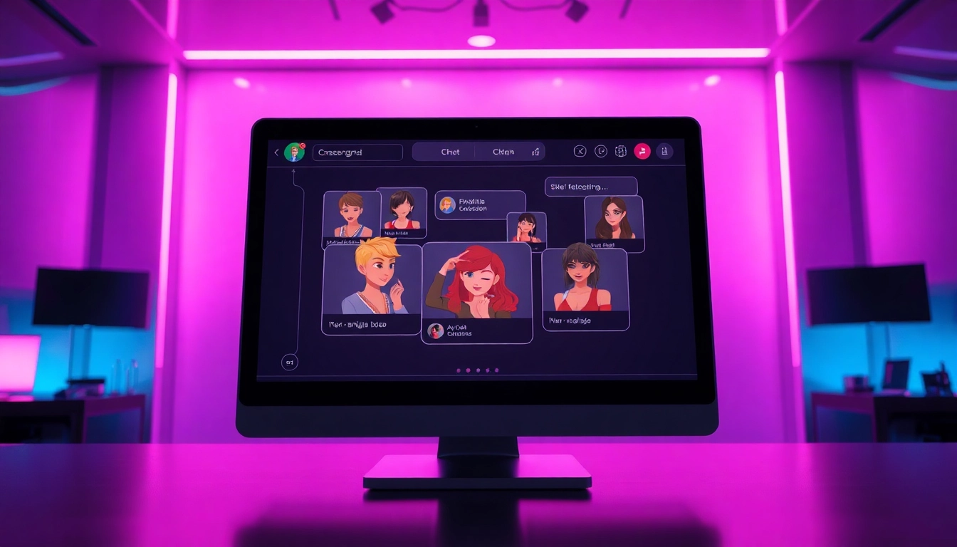 Engaging NSFW chat bot interface with diverse characters interacting playfully, creating an inviting atmosphere.