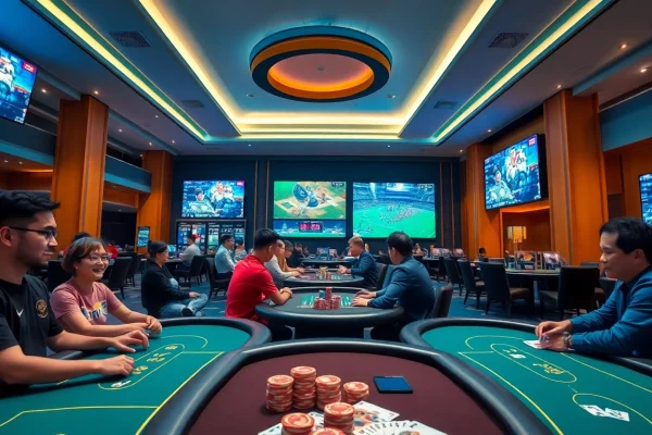 SBOBET.dance vibrant online gambling scene with players enjoying casino games and sports betting.