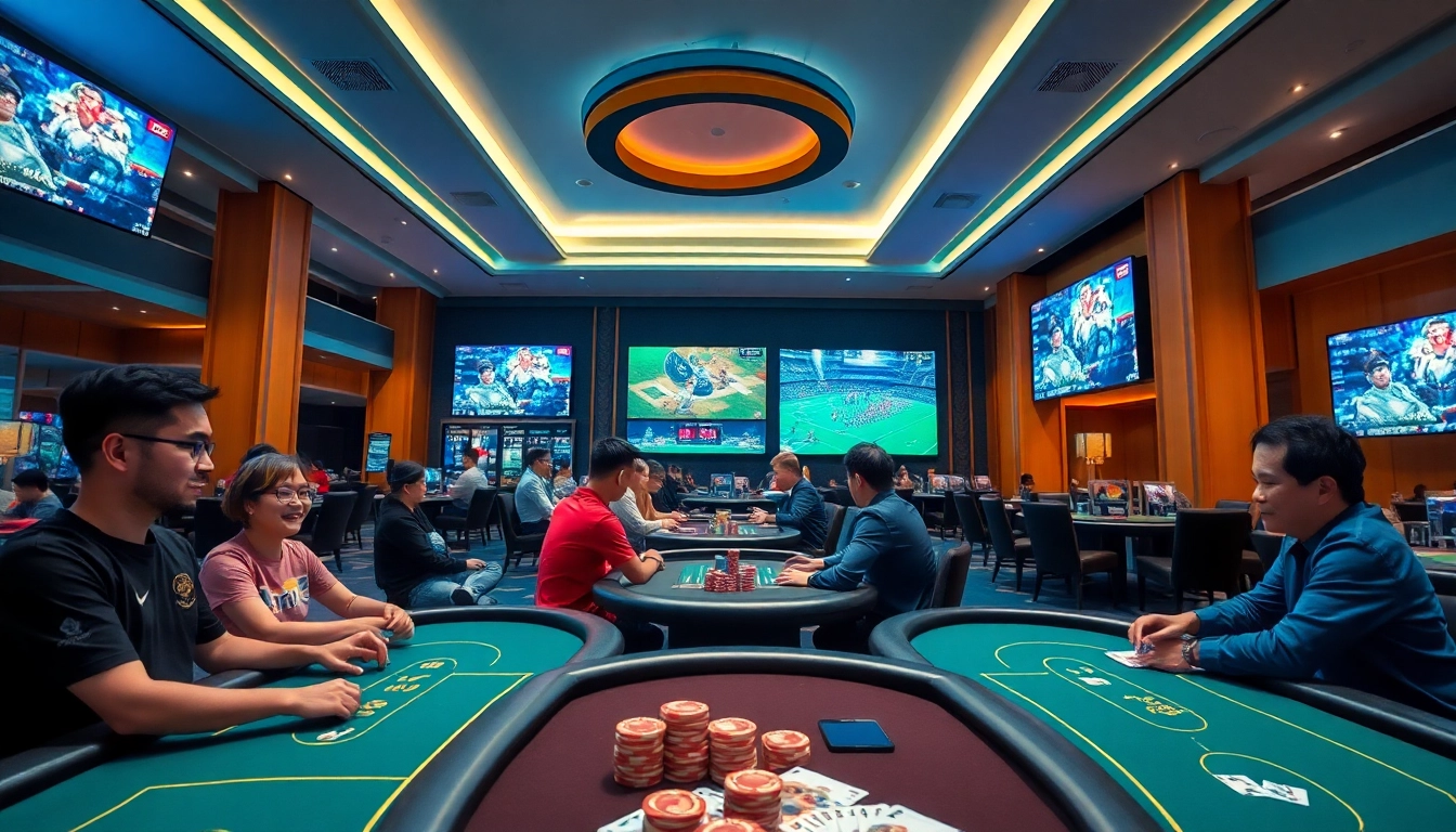 SBOBET.dance vibrant online gambling scene with players enjoying casino games and sports betting.