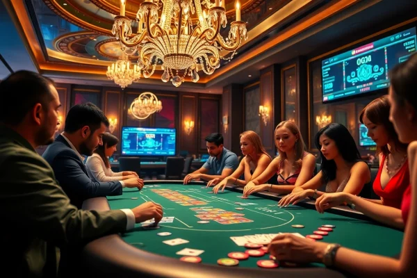 Experience the thrilling atmosphere of dom88.us.com with energetic poker players surrounded by luxurious casino decor.