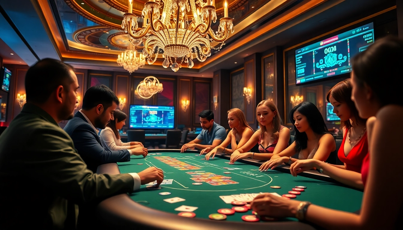 Experience the thrilling atmosphere of dom88.us.com with energetic poker players surrounded by luxurious casino decor.