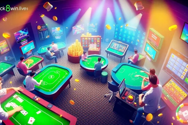 Illustration of an engaging online betting environment at luck8win.live, featuring poker, slots, and sports betting games in a vibrant casino setting.