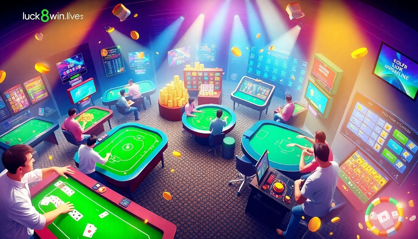Illustration of an engaging online betting environment at luck8win.live, featuring poker, slots, and sports betting games in a vibrant casino setting.