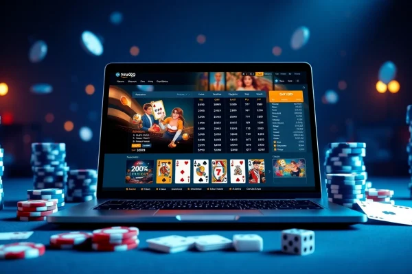 Experience engaging online gaming at new88go.com with a sleek laptop and vibrant gaming elements.