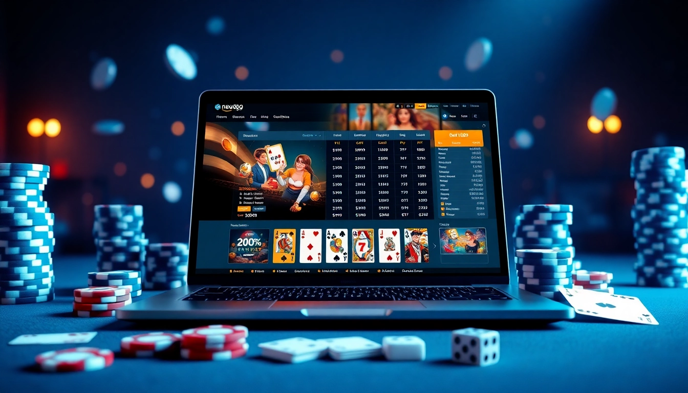 Experience engaging online gaming at new88go.com with a sleek laptop and vibrant gaming elements.