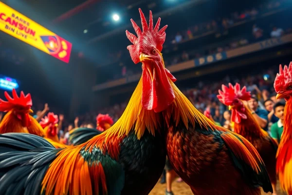 Live cockfighting event at dagawin.live showcasing vibrant roosters and an excited crowd.