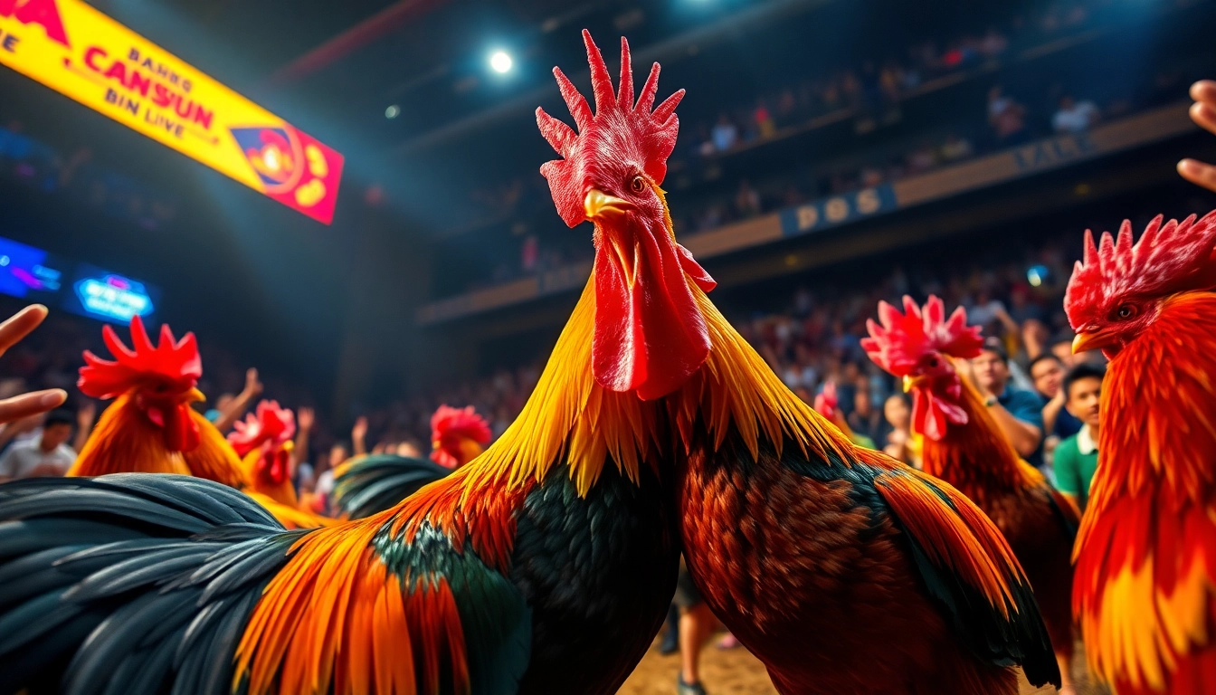 Live cockfighting event at dagawin.live showcasing vibrant roosters and an excited crowd.