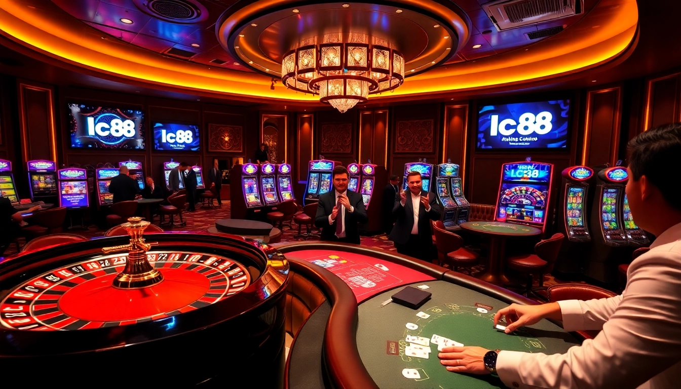 Experience high-stakes gambling at lc88 with roulette wheels and excited players in a luxurious casino.