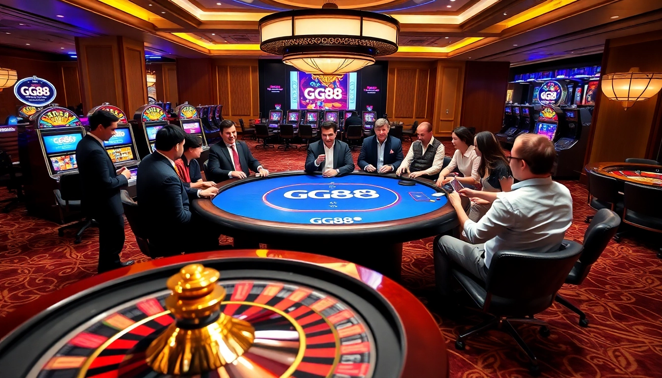 Players enjoying a GG88 poker game at an upscale casino table amidst a thrilling atmosphere.