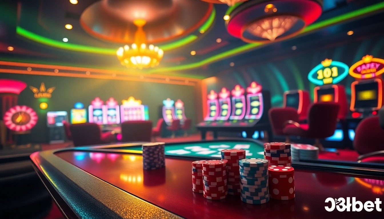 Experience luxury and excitement at trang chủ 8kbet, featuring vibrant casino gaming tables and slot machines.
