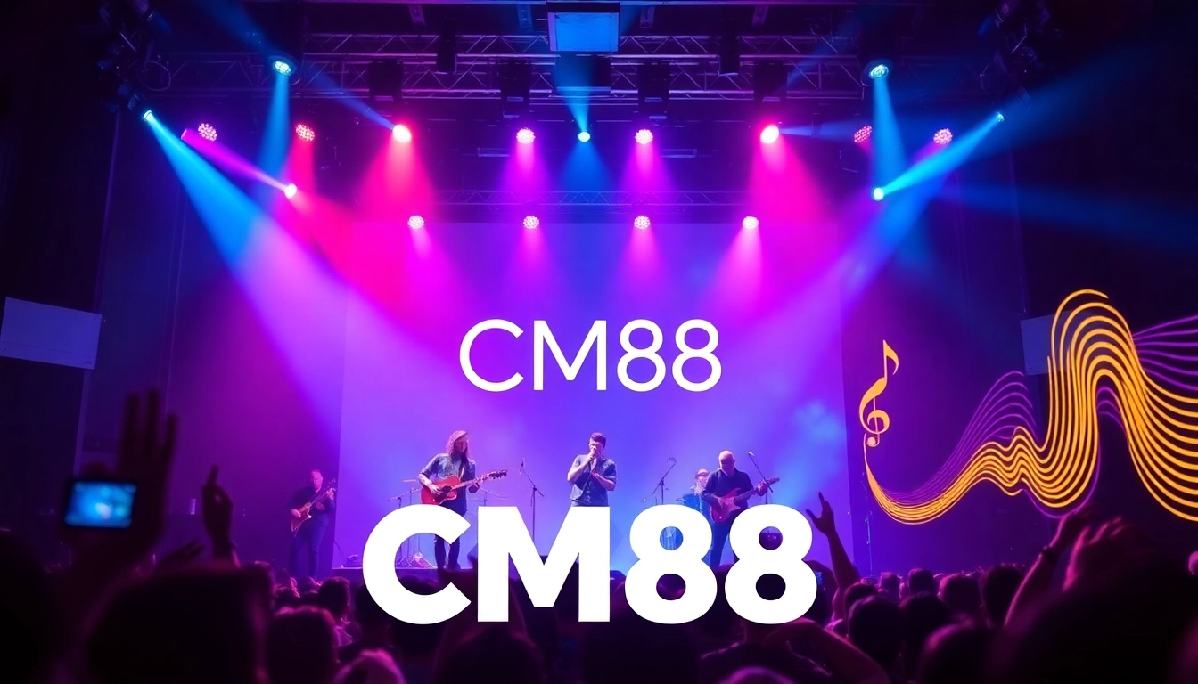 CM88 concert scene with vibrant colors, energetic crowd, and musical elements.