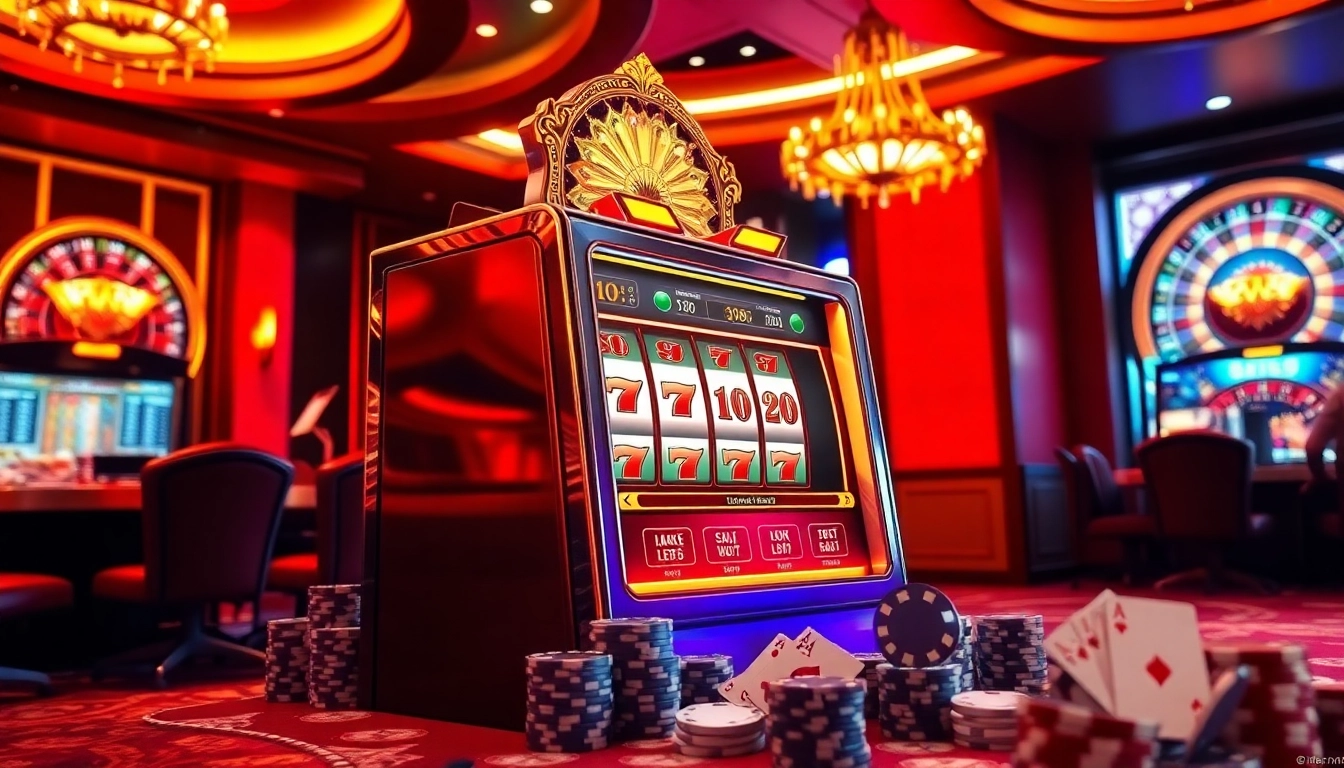 Players enjoying a thrilling moment at a slot online machine in a vibrant casino atmosphere.
