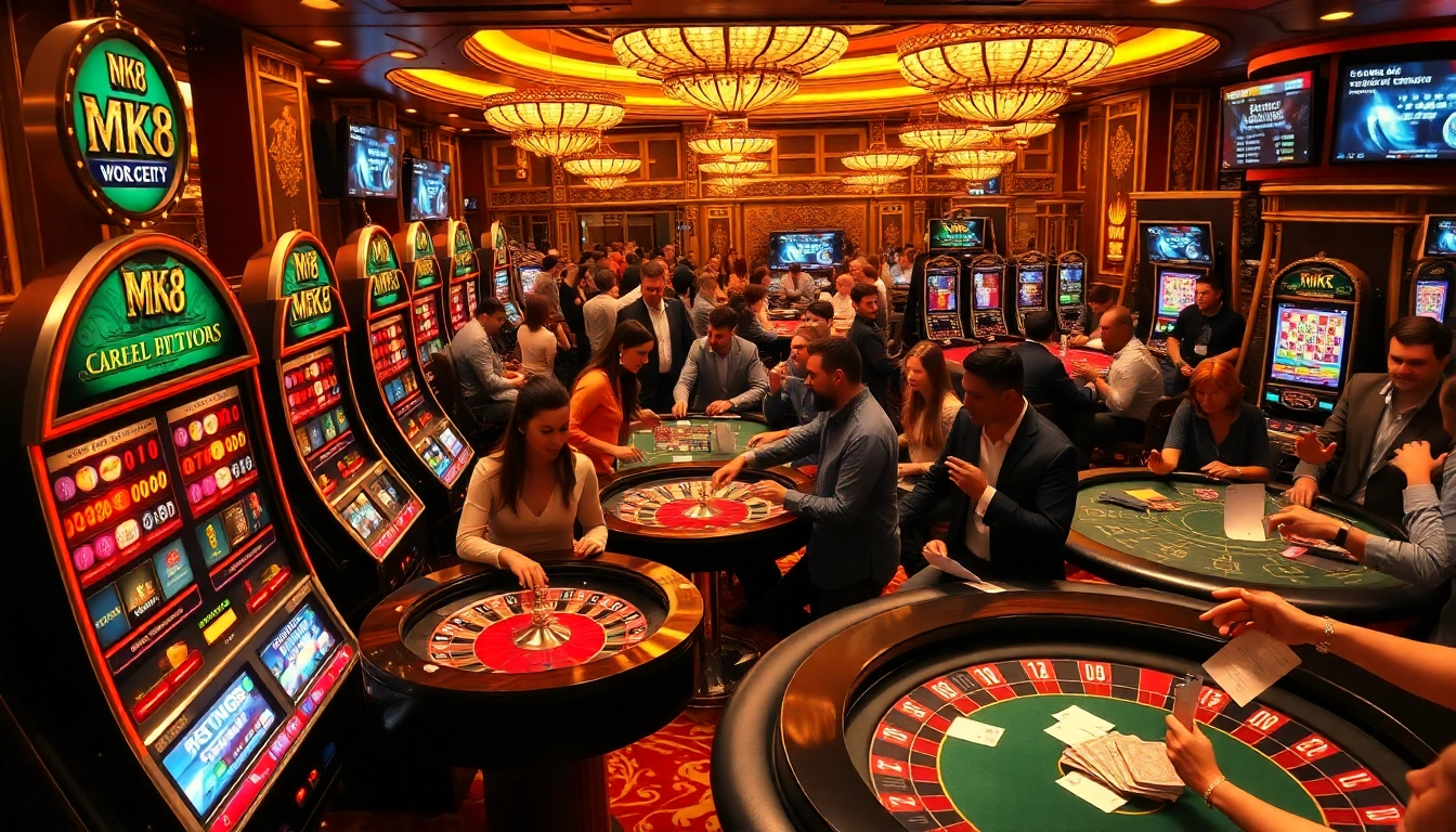 Players enjoying MK8-themed games at a luxurious casino with vibrant atmosphere.